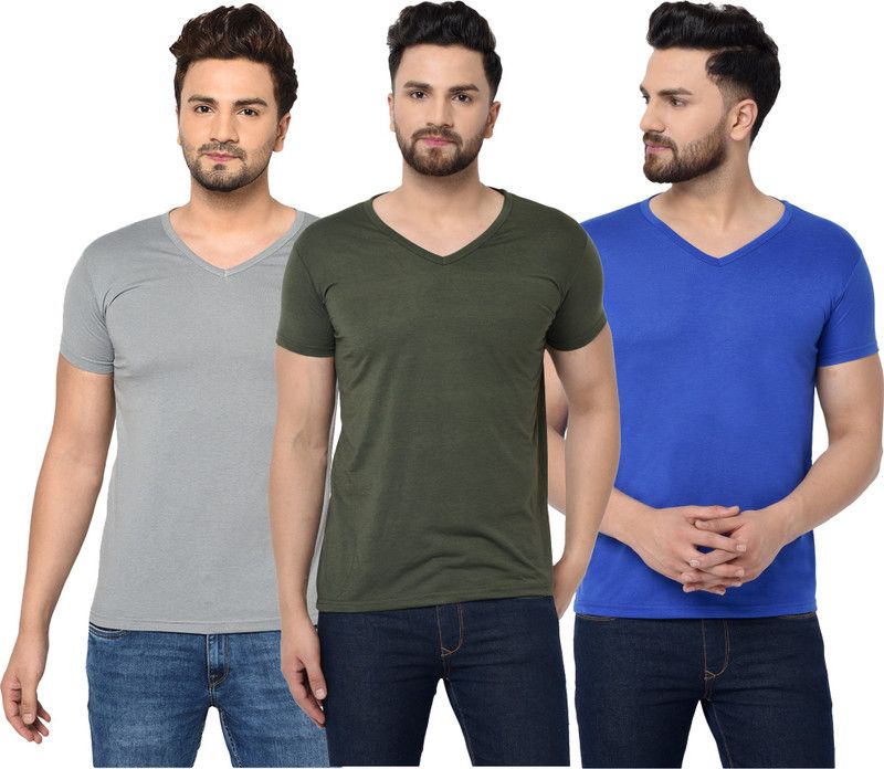 Pack of 3 Men Solid V Neck Cotton Blend Dark Green, Blue, Grey T-Shirt