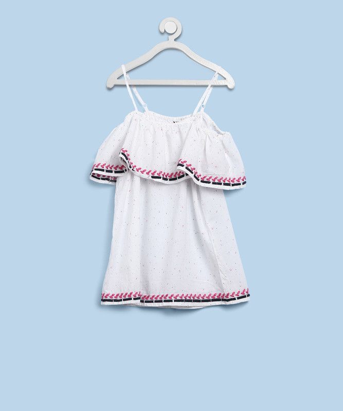 Girls Casual Cotton Blend Ruffeld Top  (White, Pack of 1)