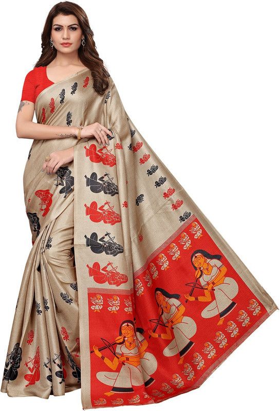 Printed Kalamkari Silk Blend Saree  (Beige)