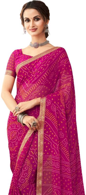 Geometric Print Bandhani Chiffon Saree  (Magenta)