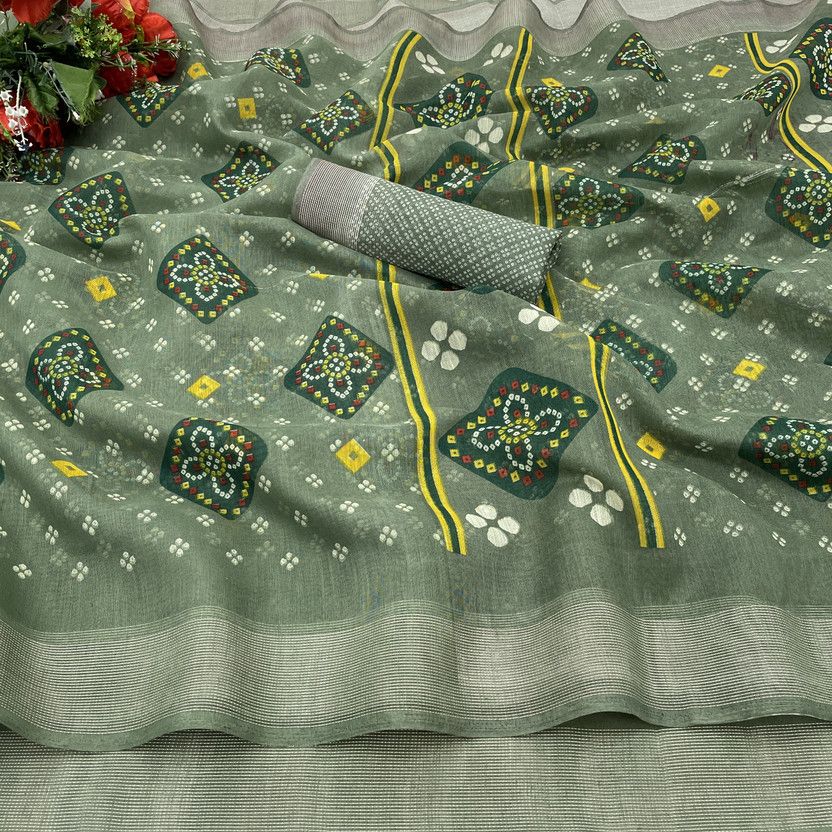 Printed Daily Wear Cotton Linen, Cotton Blend Saree  (Green)