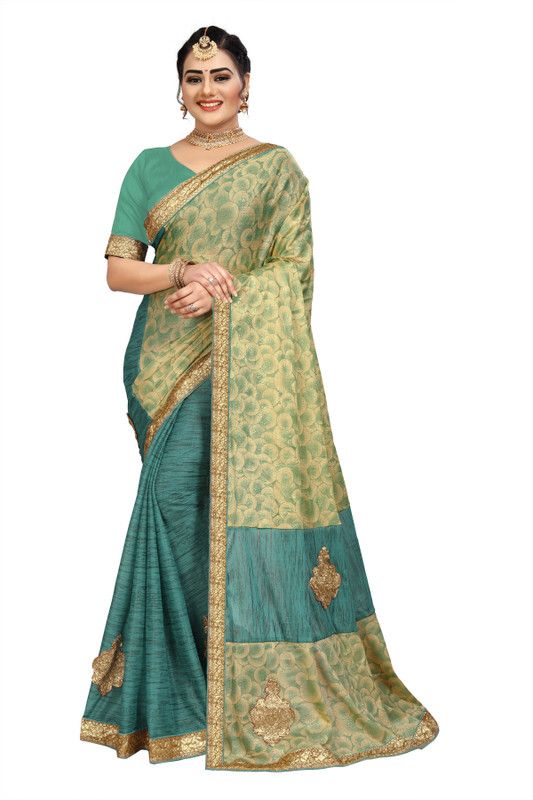 Embroidered Bollywood Silk Blend Saree  (Light Blue, Beige)