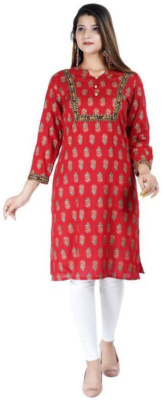 Women Embellished Viscose Rayon A-line Kurta  (Red)