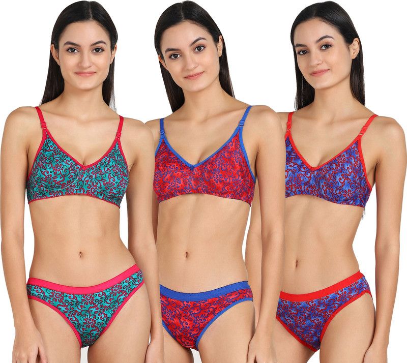 Bra & Panty Set Printed Green, Red, Blue Lingerie Set