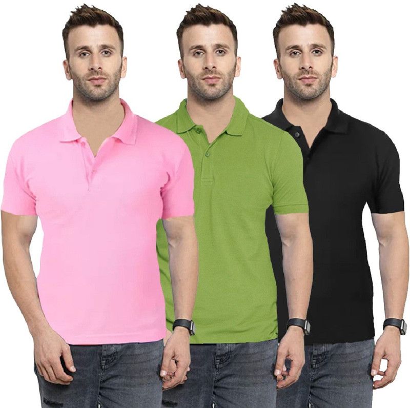 Pack of 3 Men Solid Polo Neck Cotton Blend Pink, Black, Light Green T-Shirt