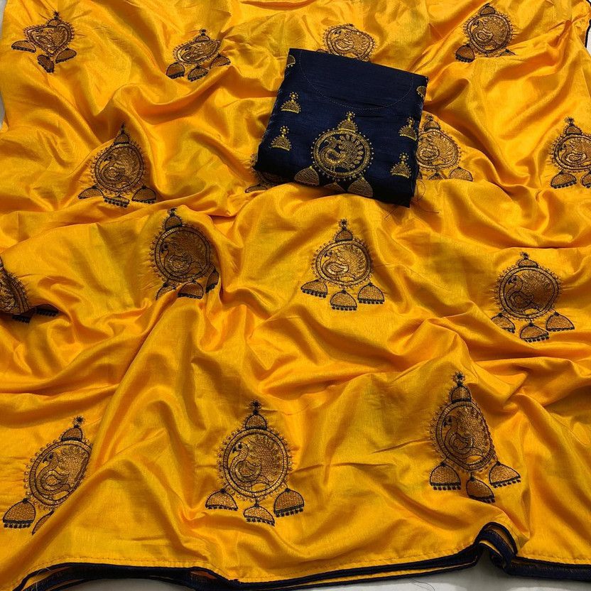 Embroidered Assam Silk Tussar Silk Saree  (Yellow)