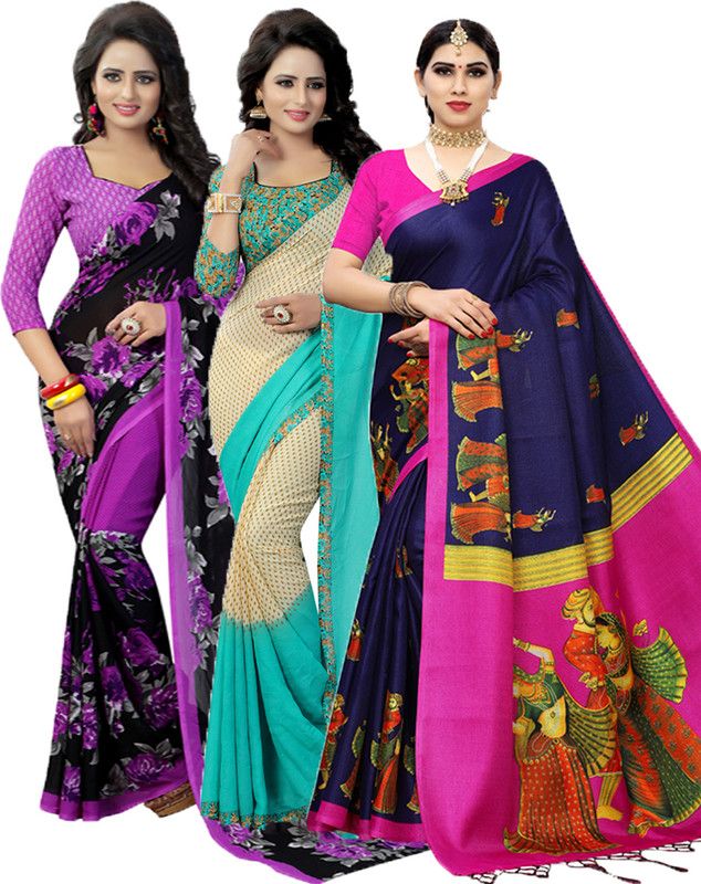 Printed Bollywood Georgette Saree  (Pack of 3, Purple, Light Green, Pink)