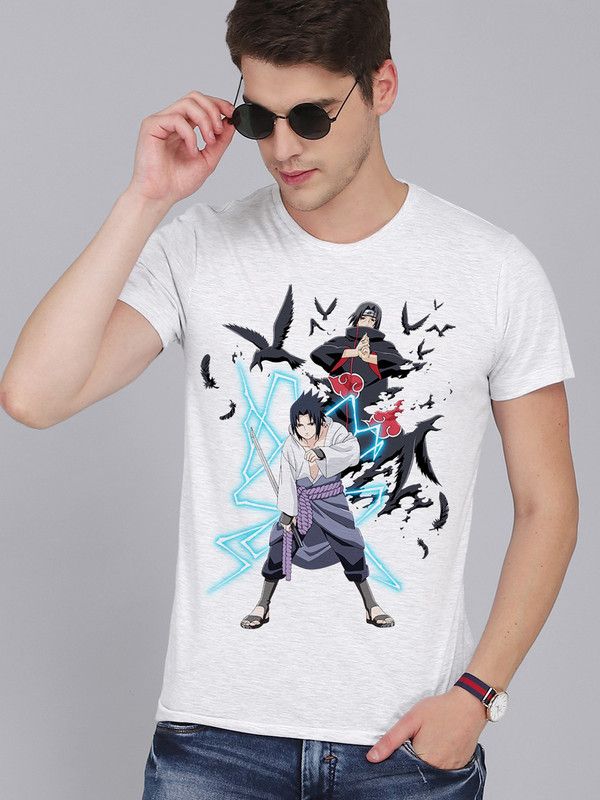 Naruto Men Graphic Print Round Neck Pure Cotton Grey T-Shirt