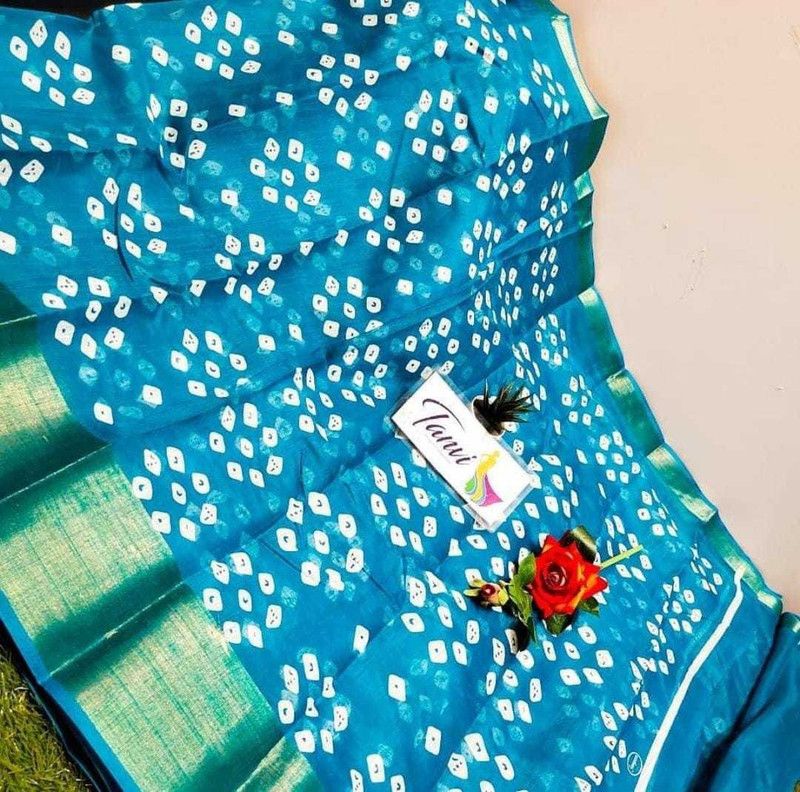 Self Design Bandhani Cotton Blend Saree  (Blue)