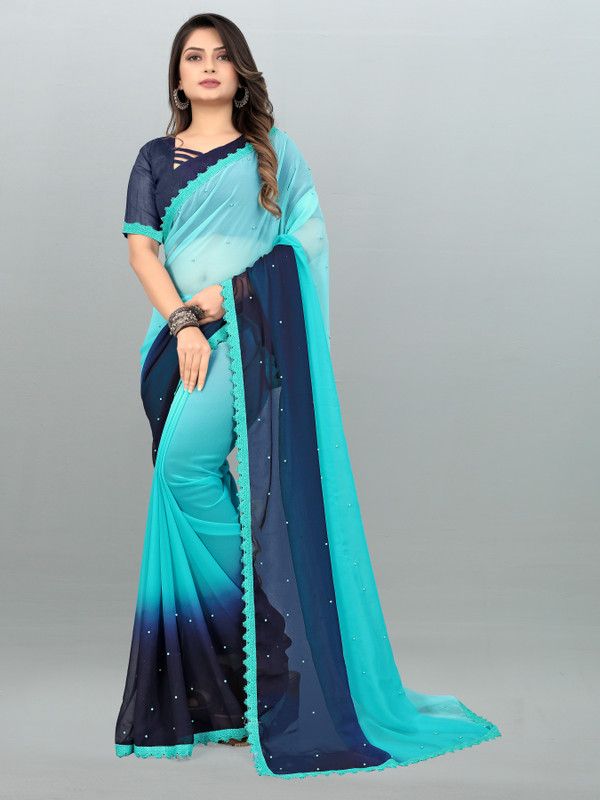 Ombre, Embellished, Solid/Plain Bollywood Georgette Saree  (Light Blue)