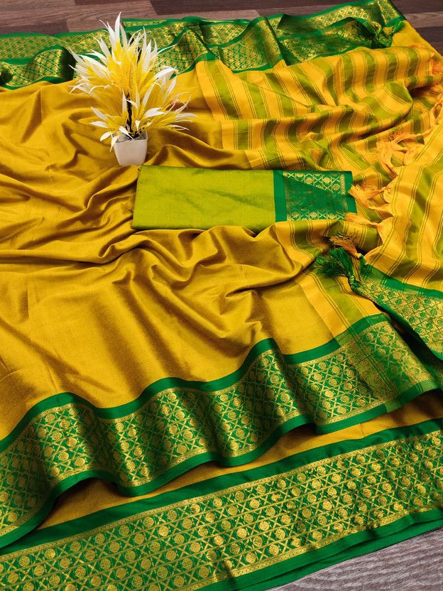 Self Design Maheshwari Pure Cotton Saree  (Green, Mustard)