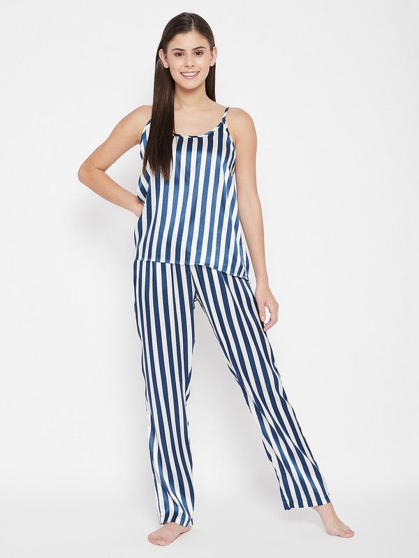 Women Top & Pyjama Set Blue Striped