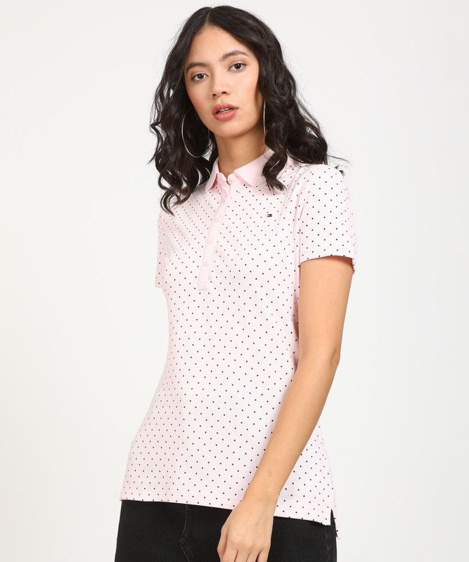 W HERITAGE DOT POLO Women Polka Print Polo Neck Cotton Blend Pink T-Shirt