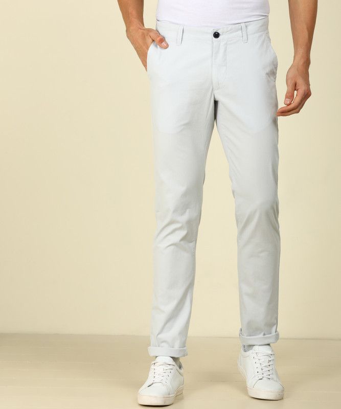 Men Tapered Light Blue Pure Cotton Trousers