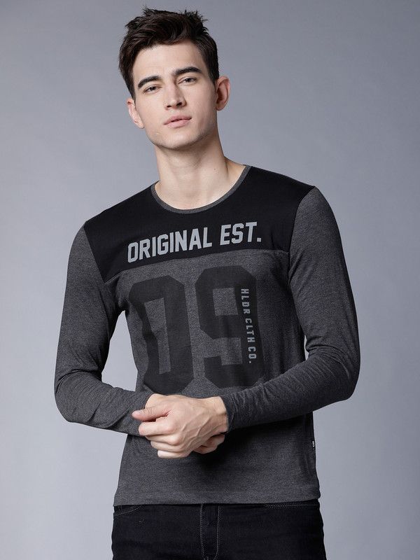 Men Printed Round Neck Poly Cotton Black, Grey T-Shirt