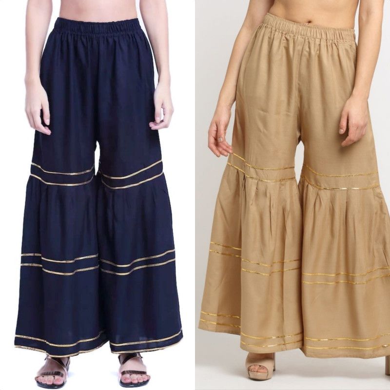 Pack of 2 Women Relaxed Beige, Blue Cotton Blend Trousers