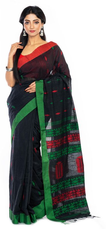 Striped Bollywood Cotton Blend Saree  (Black)