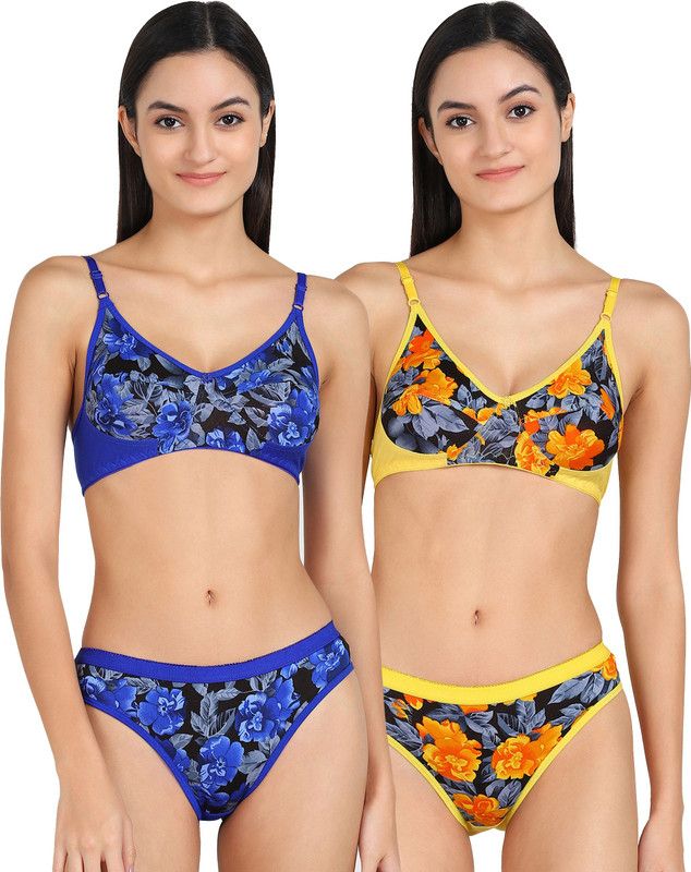 Bra & Panty Set Floral Print Blue, Yellow Lingerie Set