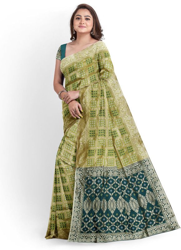 Checkered Bandhani Cotton Silk Saree  (Light Green)
