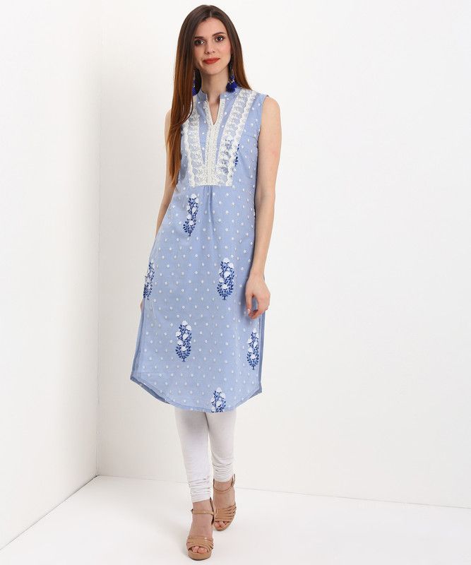 Women Printed, Embellished Cotton Blend Straight Kurta  (Blue)