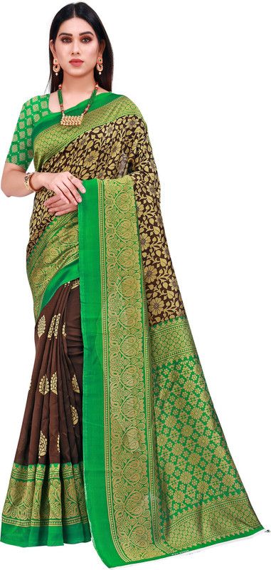 Printed Mysore Art Silk, Cotton Silk Saree  (Green, Brown)