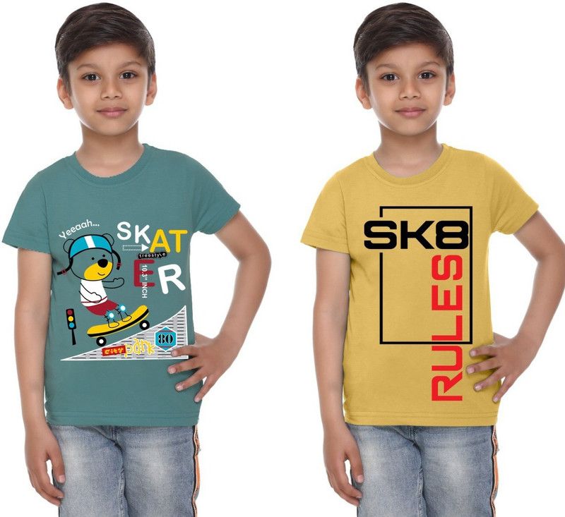 Boys Graphic Print Cotton Blend T Shirt  (Yellow, Pack of 2)