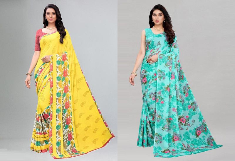 Printed Fashion Georgette Saree  (Pack of 2, Yellow, Blue)