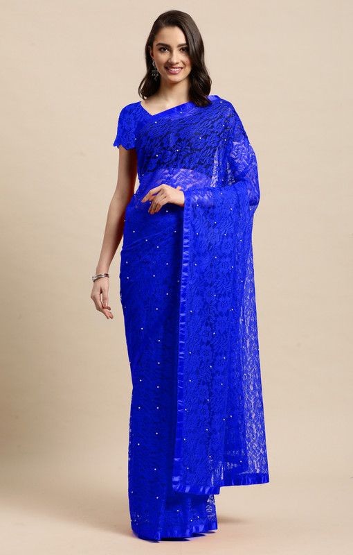 Embellished Bollywood Net, Jacquard Saree  (Blue)