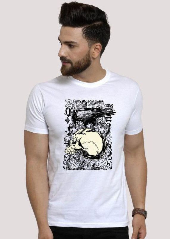 Skeleton Printes White T shirt Unisex | Printed Men's Half Sleeve Round Neck Men Printed Round Neck Cotton Blend White T-Shirt