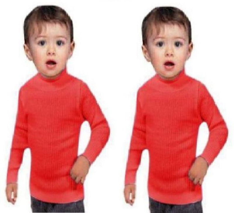 Boys & Girls Solid High Neck Reversible Red Sweater