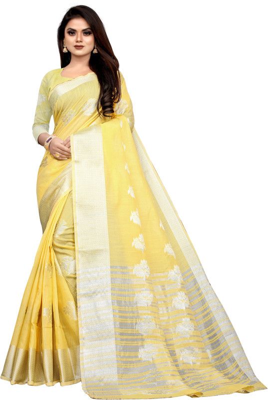 Self Design, Printed, Temple Border, Woven, Floral Print, Solid/Plain Bollywood Cotton Linen, Linen Saree  (Yellow)