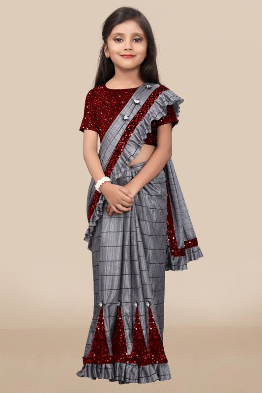 Checkered Bollywood Lycra Blend Saree  (Red, Grey)