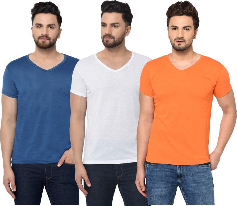 Pack of 3 Men Solid V Neck Cotton Blend Dark Blue, White, Orange T-Shirt