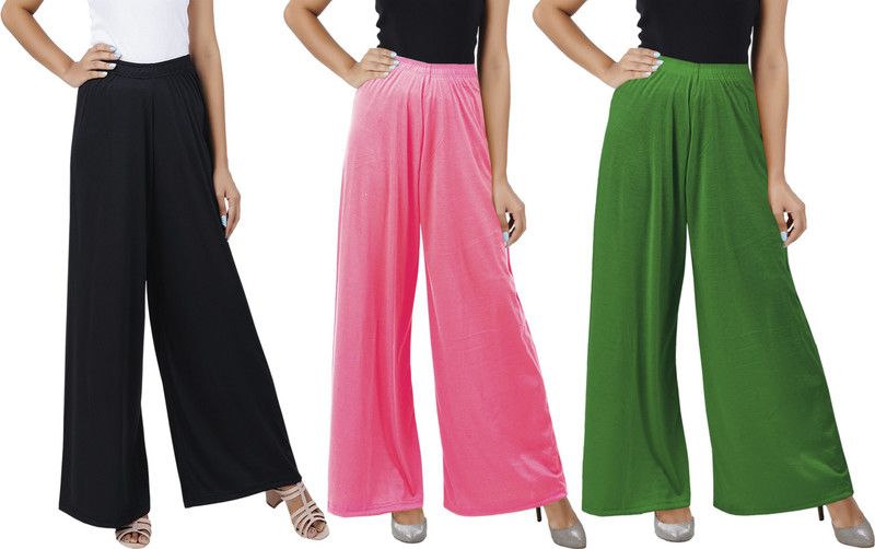 Pack of 3 Women Flared Black, Pink, Green Cotton Blend Trousers