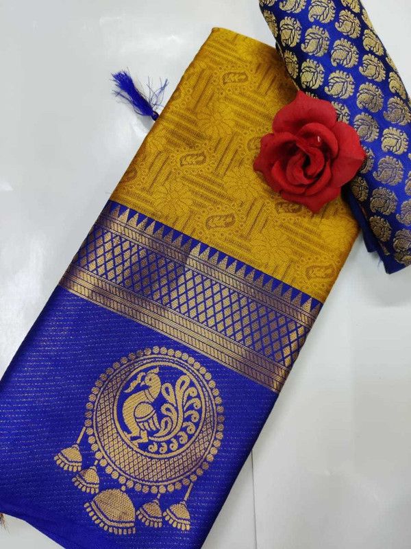 Printed Dharmavaram Cotton Silk Saree  (Yellow)