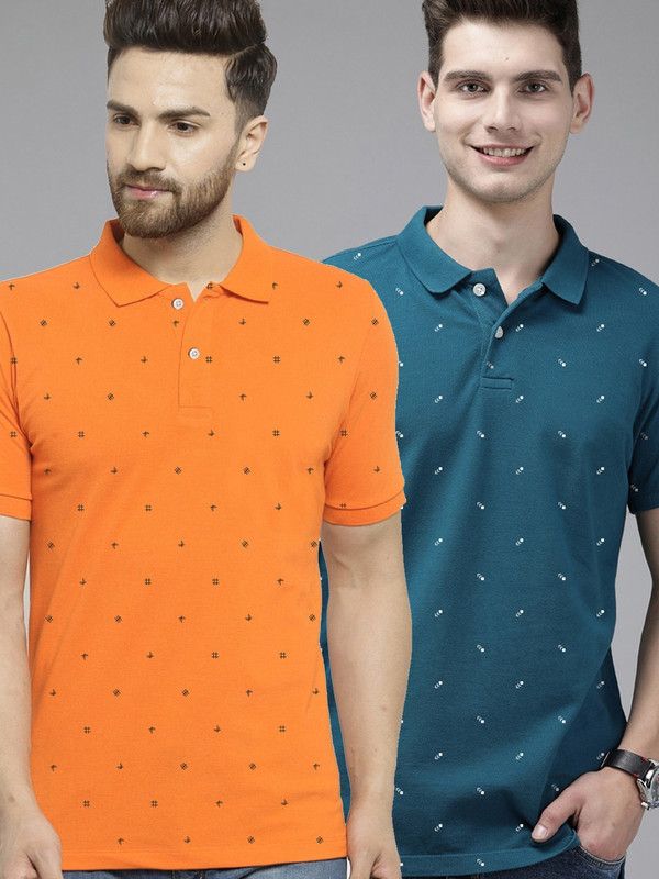 Pack of 2 Men Printed Polo Neck Cotton Blend Blue, Orange T-Shirt