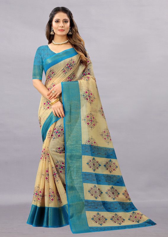 Self Design Bollywood Cotton Blend Saree  (Light Blue, Beige)
