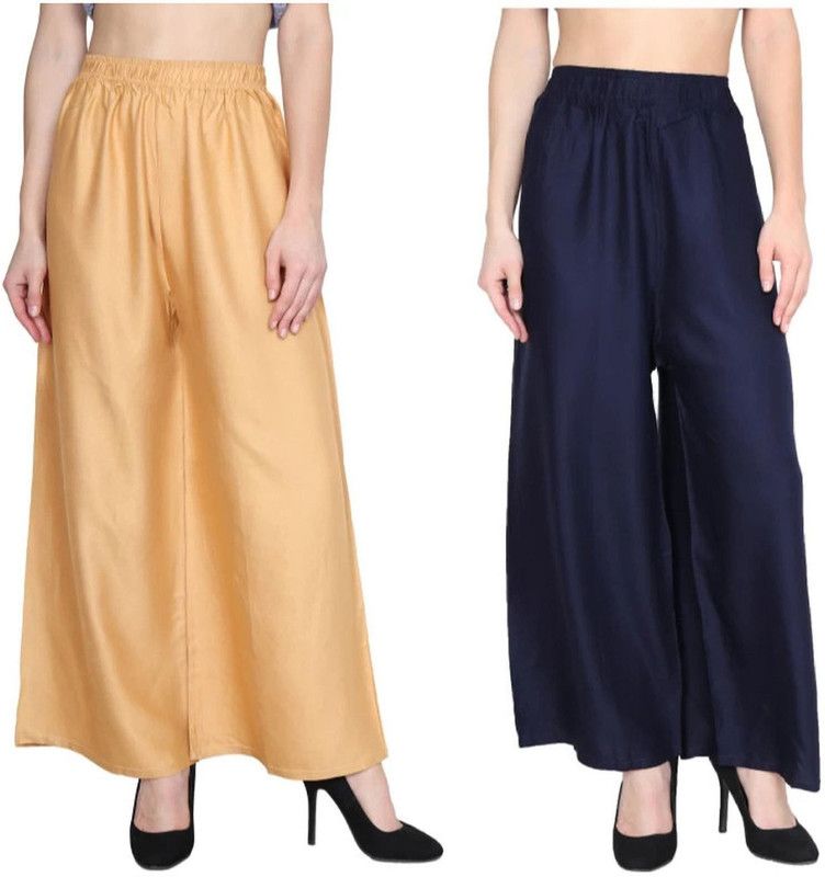 Pack of 2 Women Regular Fit Dark Blue, Gold Cotton Blend Trousers