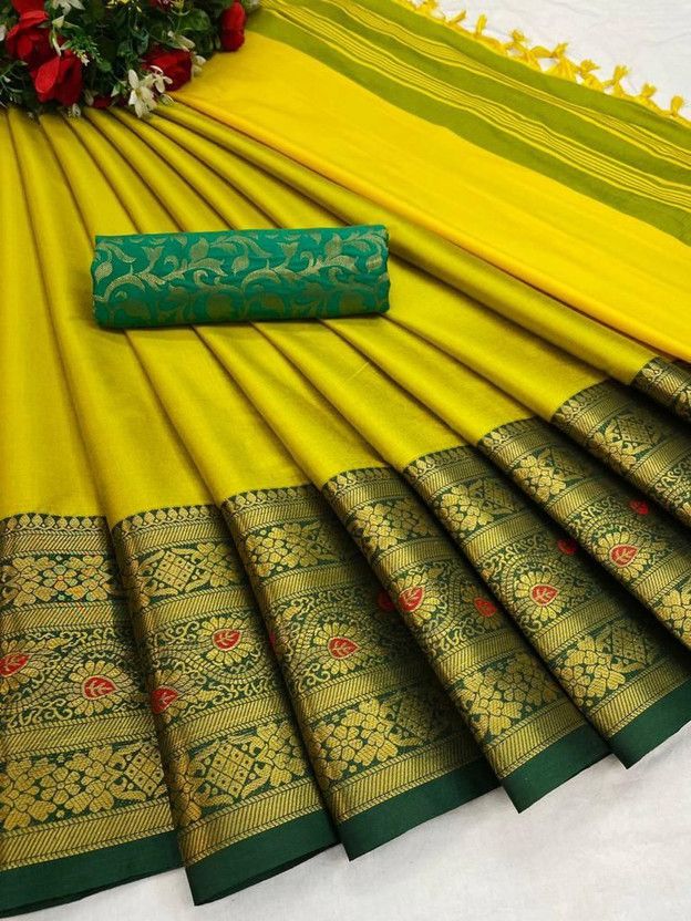Applique, Solid/Plain Daily Wear Cotton Silk Saree  (Green)