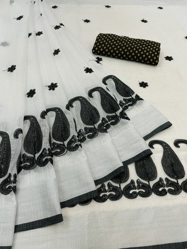 Embroidered Fashion Cotton Linen Saree  (Black)