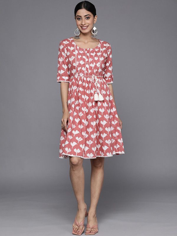 Women Empire Waist White, Pink Dress