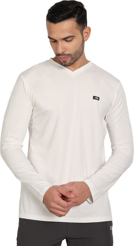 Men Solid V Neck Polyester White T-Shirt
