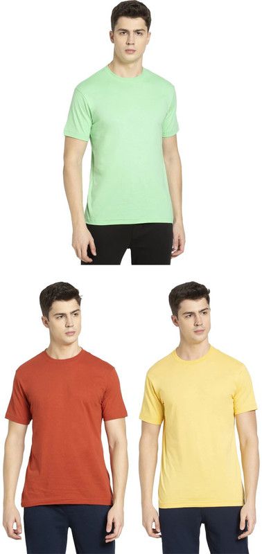 Pack of 3 Men Solid Round Neck Pure Cotton Brown, Light Green, Yellow T-Shirt