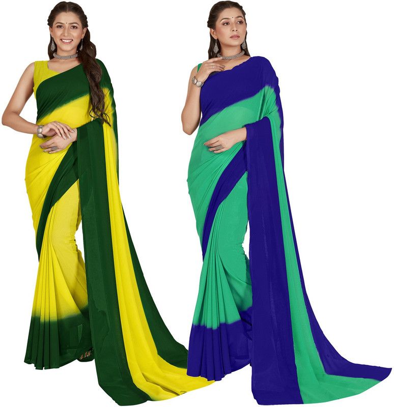 Bollywood Georgette Saree  (Pack of 2, Dark Blue, Light Blue, Dark Green, Green)