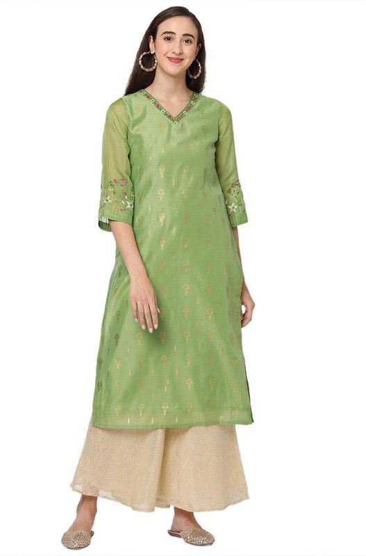 Women Woven Design Chanderi Straight Kurta  (Green)