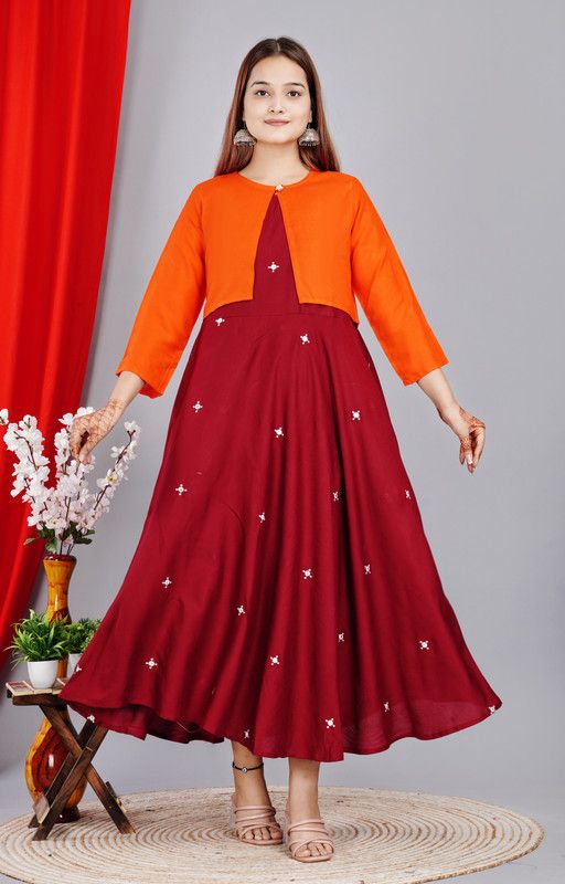 Pack of 2 Women Embroidered Viscose Rayon Flared Kurta  (Maroon, Orange)