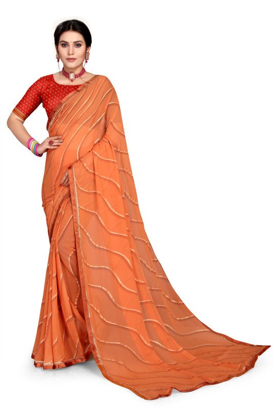 Striped Bollywood Silk Blend, Cotton Blend Saree  (Orange)