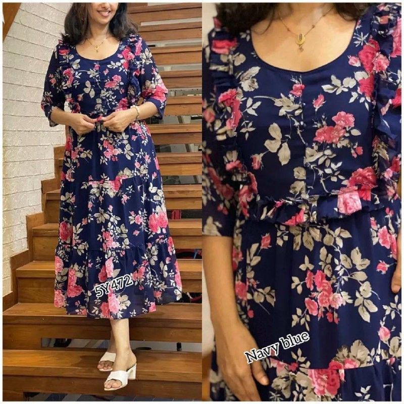 Women Floral Print Georgette A-line Kurta  (Dark Blue)