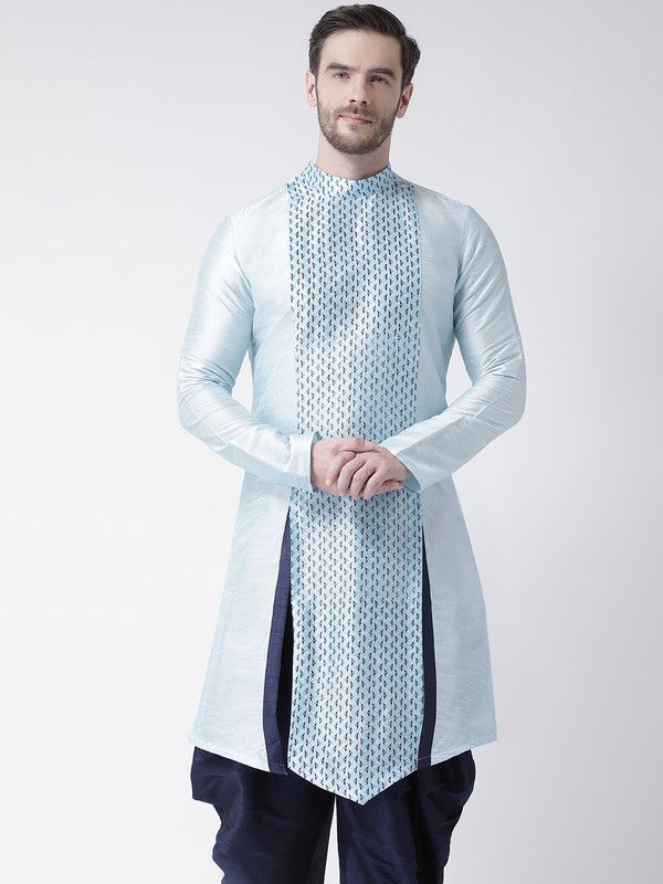 Men Printed Dupion Silk Frontslit Kurta  (Blue)