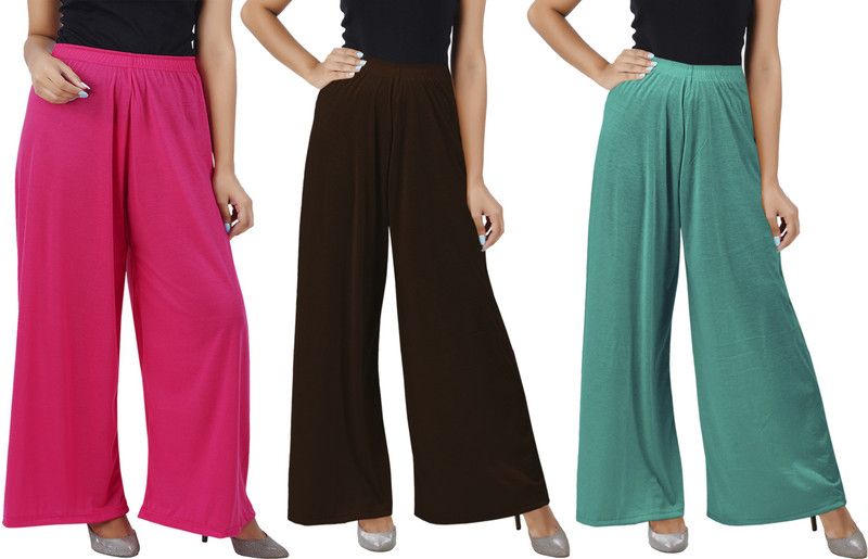 Pack of 3 Women Flared Pink, Brown, Green Cotton Blend Trousers